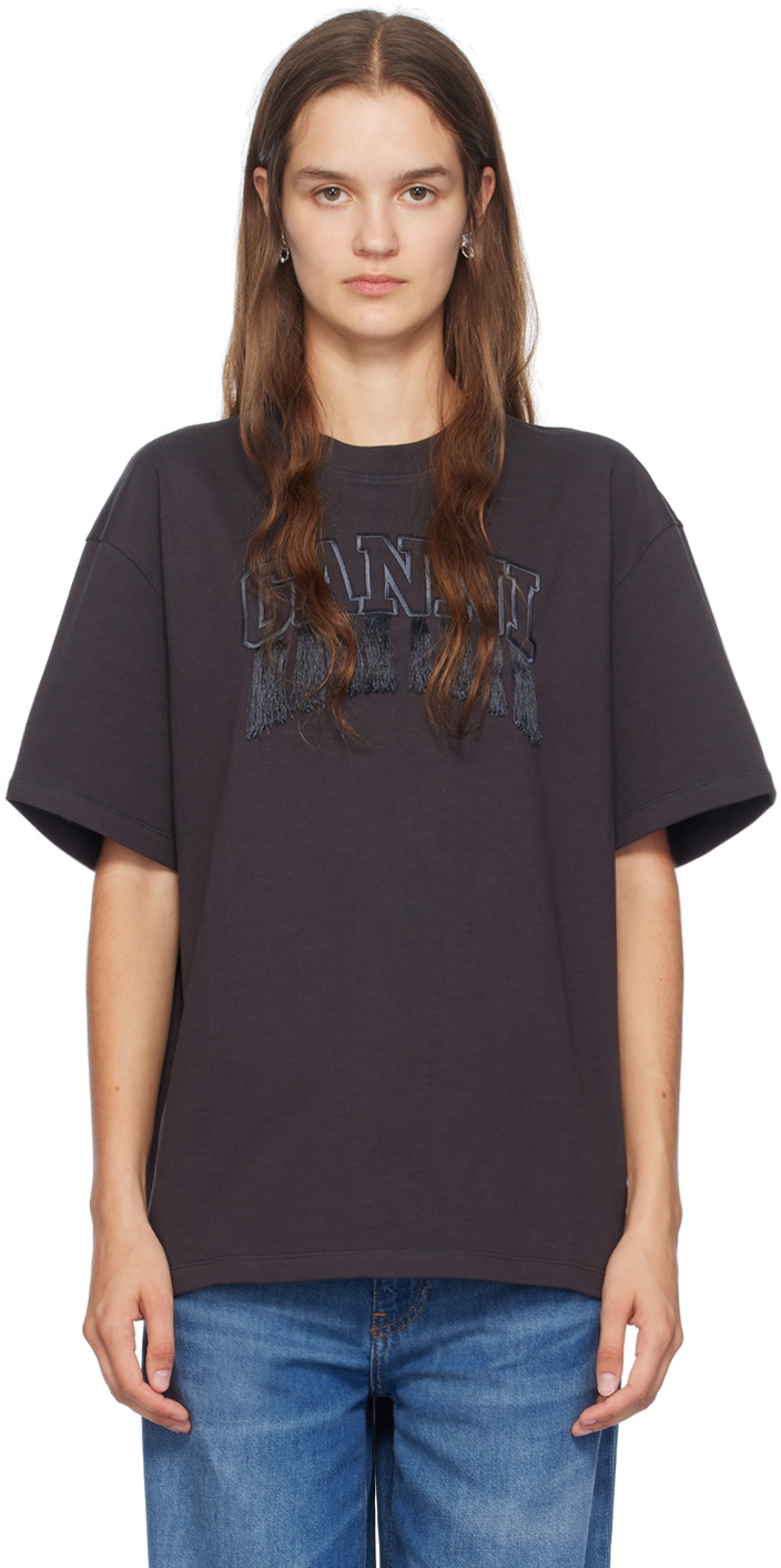 【送料&関税込】Ganni T-shirt In Black Cotton GANNI cotton t-shirt Heavy Cotton Drop Shoulder Fringe PRM EU