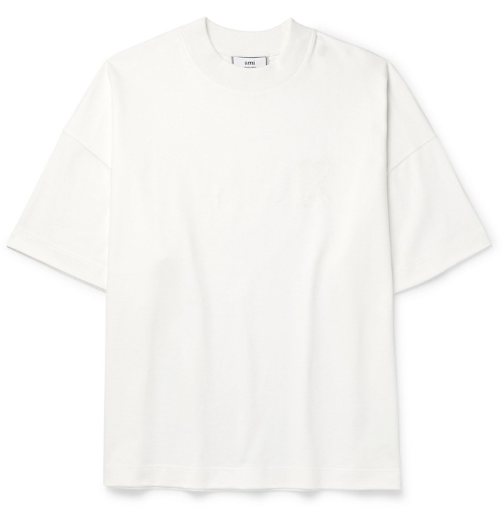 Photo: AMI PARIS - Logo-Embroidered Cotton-Jersey T-Shirt - Neutrals