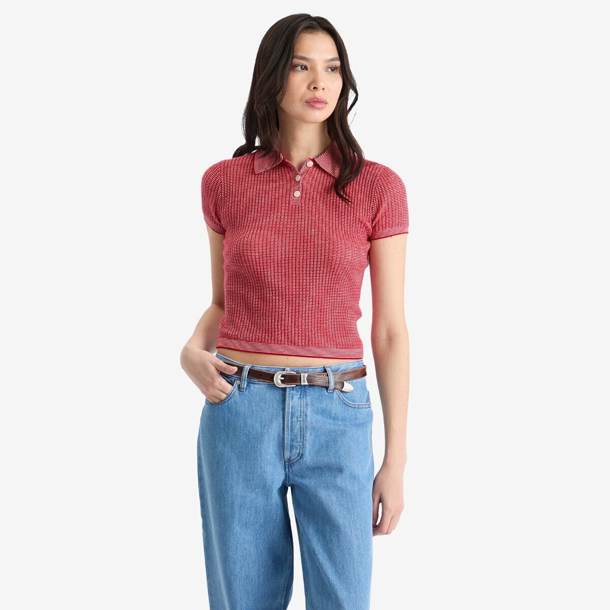 GUEST IN RESIDENCE Women's Shrunken Polo In Cashmere in True Red/Cream