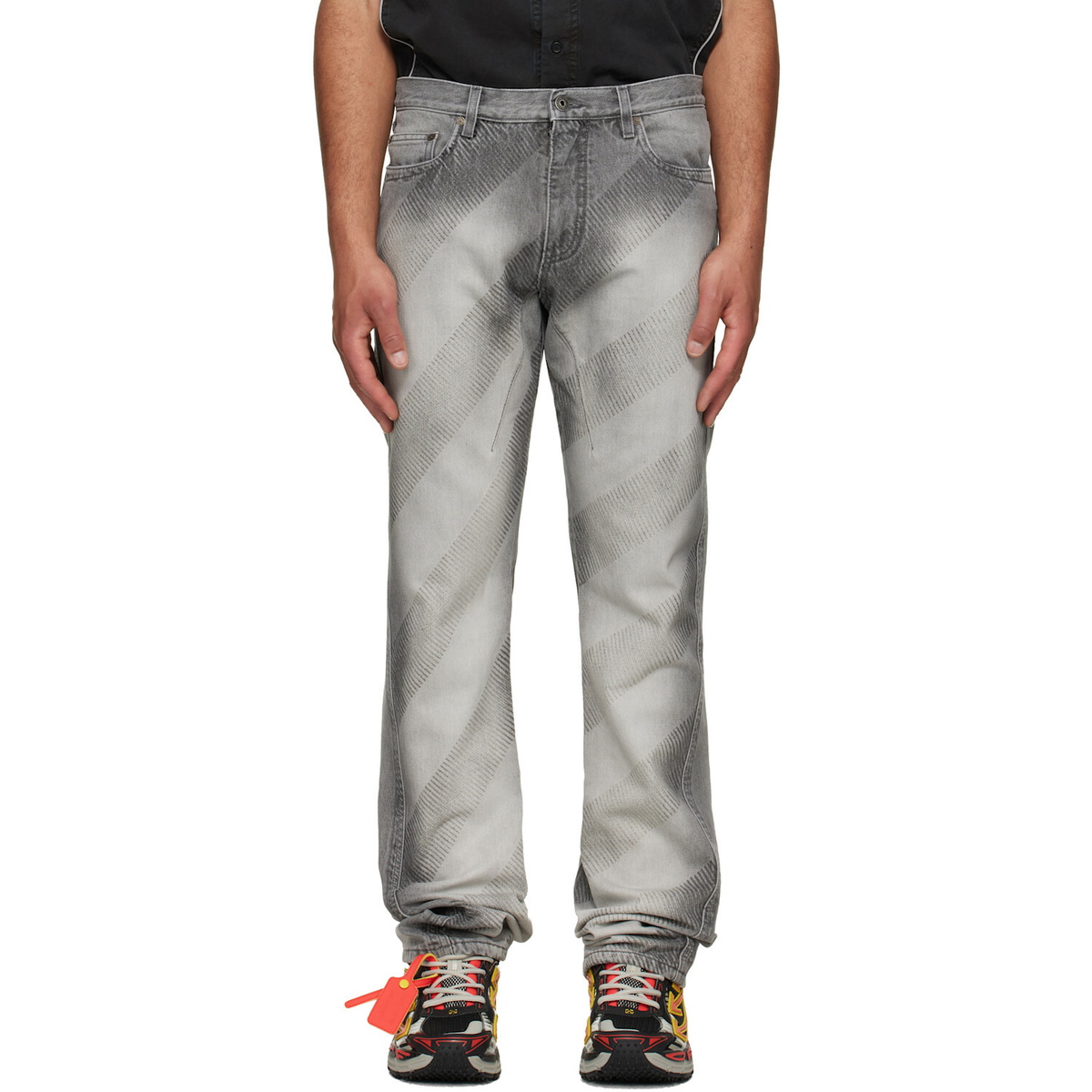 Off-White Gray Diagonal Embroidered Twist Stack Jeans