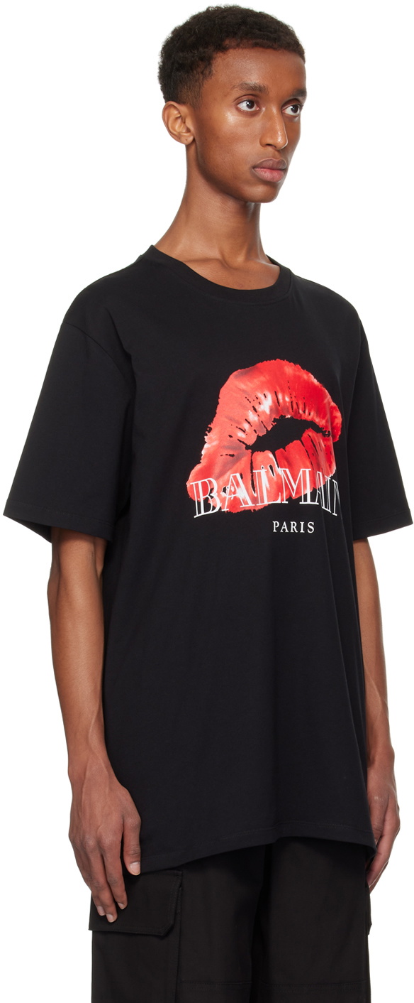 【関税込み】Balmain ブラック Kiss 半袖 プリントTシャツ Short-sleeved T-shirt with Kiss embroidery black black