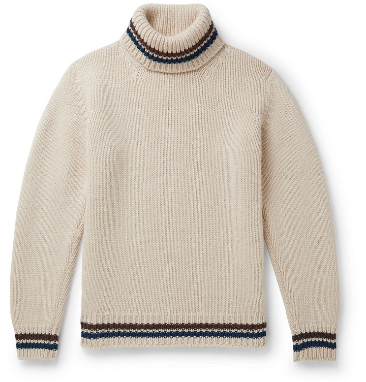 Photo: Kingsman - Slim-Fit Striped-Trimmed Wool and Cashmere-Blend Rollneck Sweater - Neutrals
