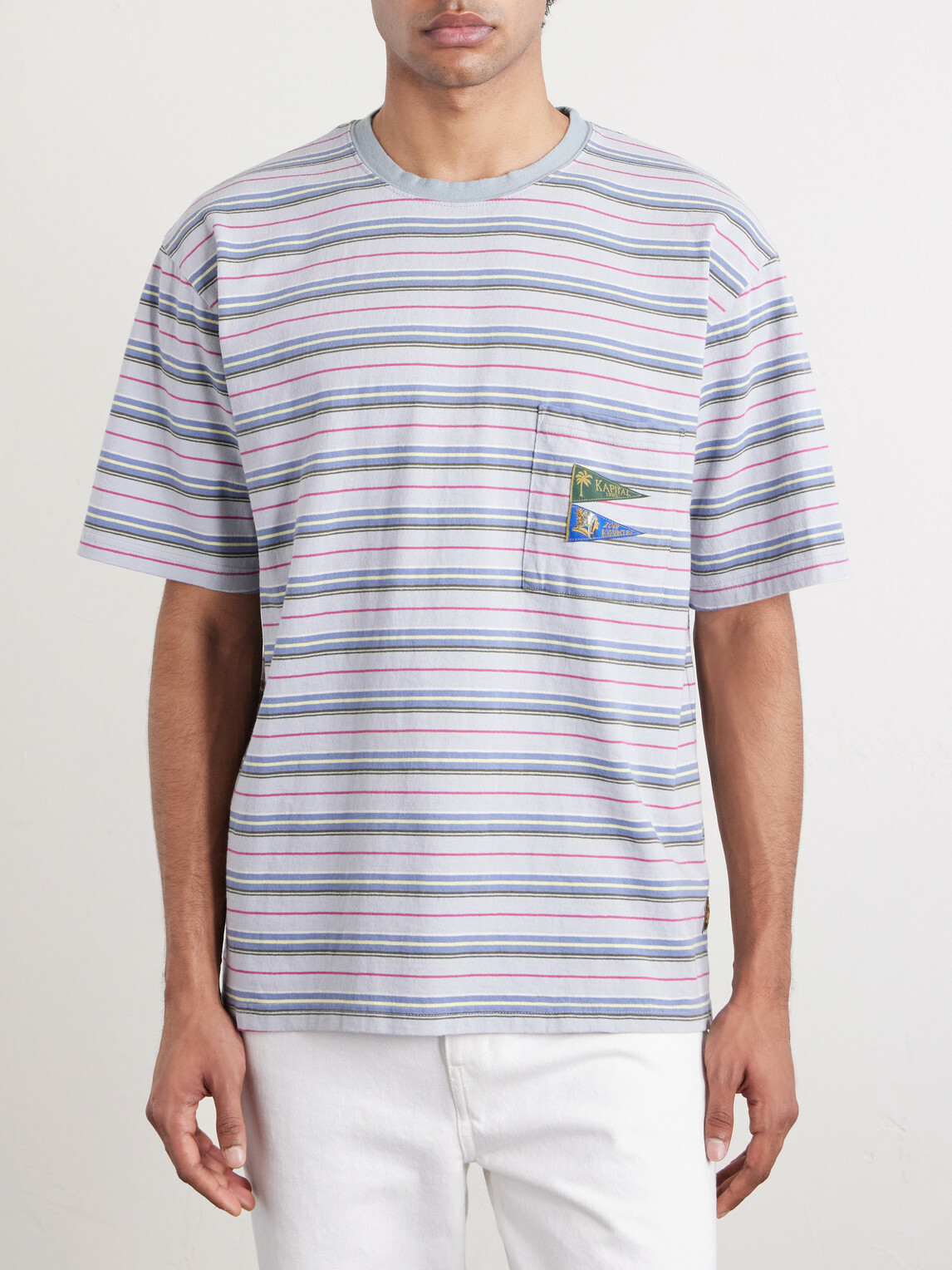 KAPITAL - Logo-Appliquéd Striped Cotton-Jersey T-Shirt - Blue