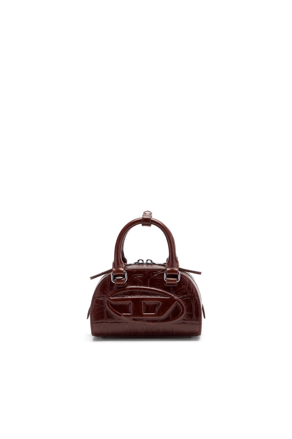 Diesel 1DR Dome-Mini bowling bag in croc-effect leather - Crossbody Bags Womens in Brown