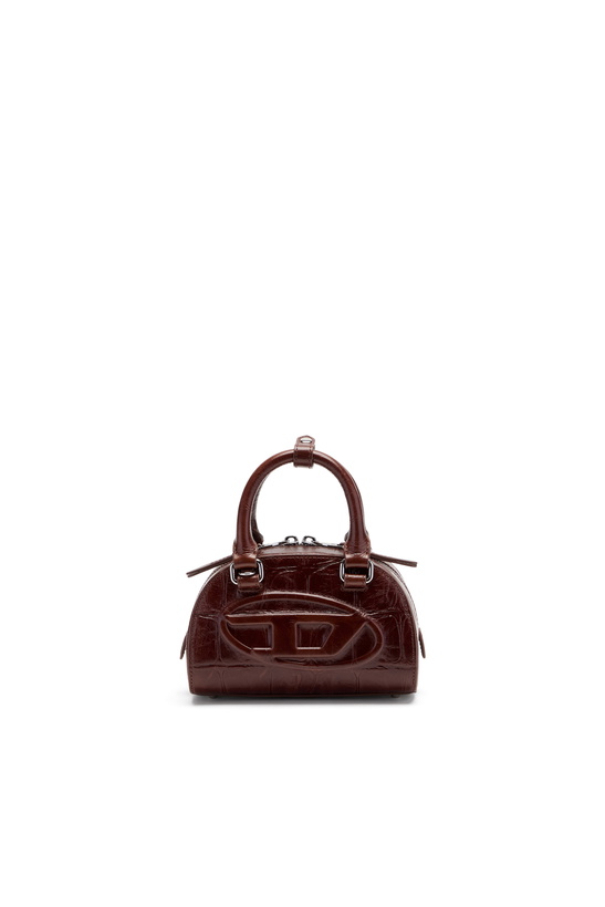 Photo: Diesel 1DR Dome-Mini bowling bag in croc-effect leather - Crossbody Bags Womens in Brown