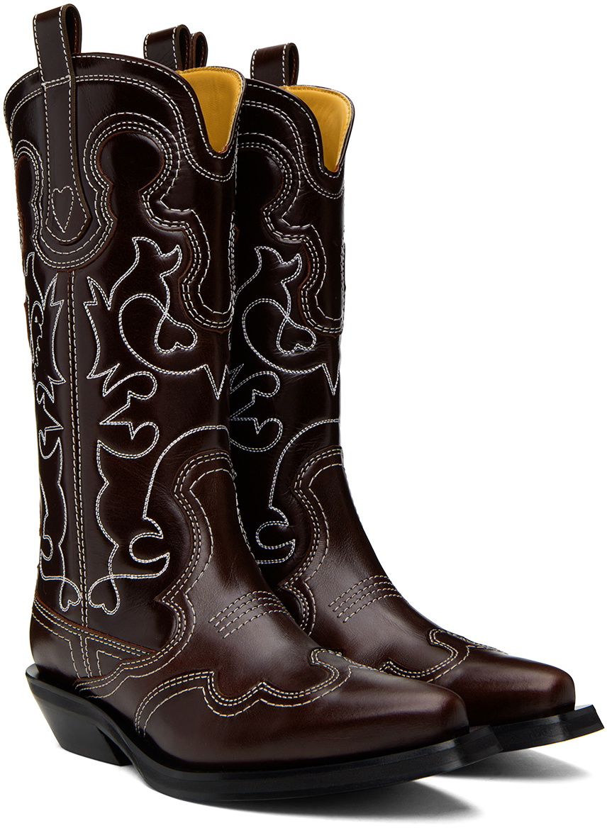 GANNI Burgundy Embroidered Western Boots GANNI