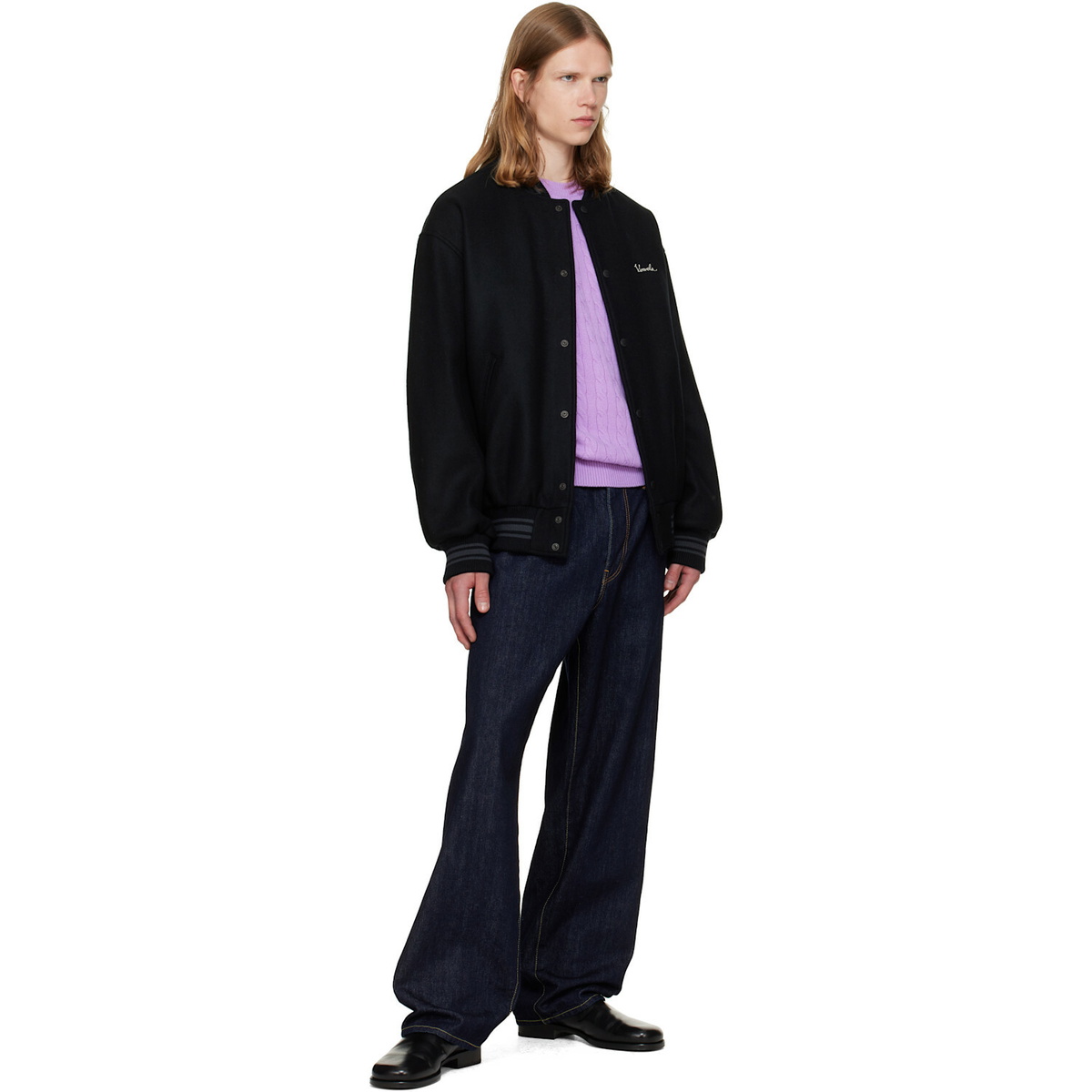 vowels Black Wool Varsity Bomber Jacket