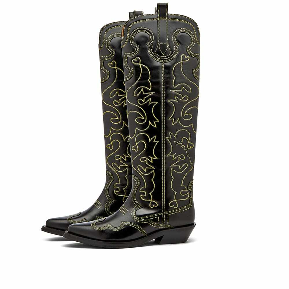 GANNI Women's Knee High Embroidered Western Boot in Black/Yellow GANNI