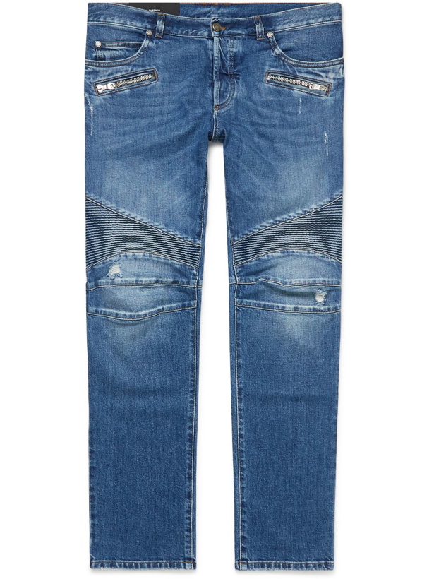 Photo: BALMAIN - Slim-Fit Panelled Distressed Jeans - Blue