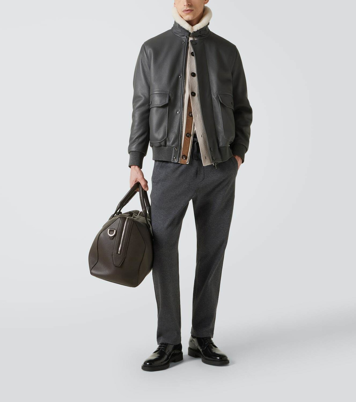 Brioni Shearling-trimmed leather bomber jacket