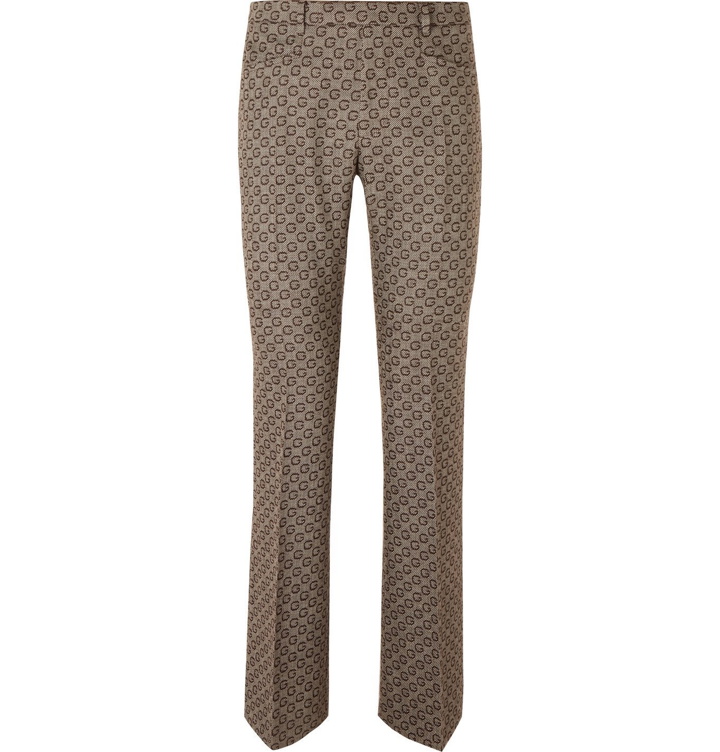 Photo: GUCCI - Slim-Fit Bootcut Logo-Jacquard Wool Suit Trousers - Brown