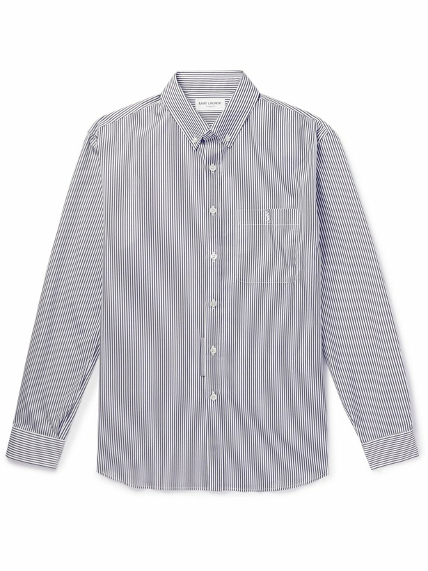 Photo: SAINT LAURENT - Monogram Button-Down Collar Striped Cotton-Poplin Shirt - Blue