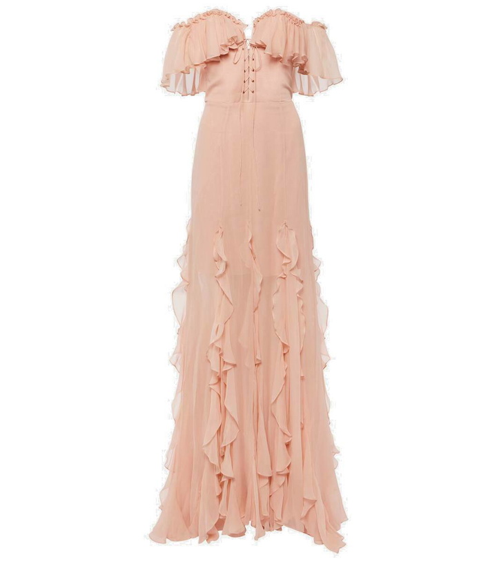 Photo: Costarellos Galiya off-shoulder silk georgette gown