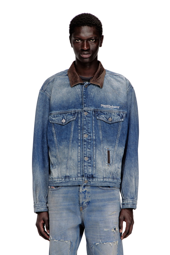 Photo: Diesel Denim trucker jacket with contrast leather trims - Denim Jackets - Unisex - Blue