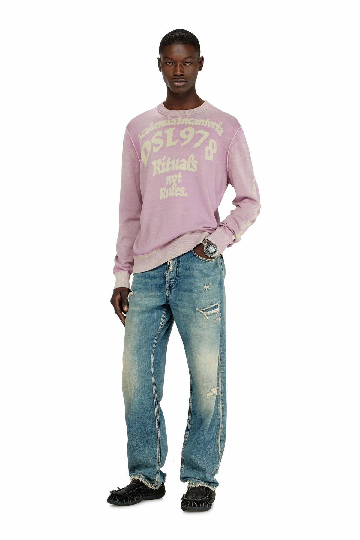 Diesel Treated cotton jumper with slogan - Knitwear Mens in Violet