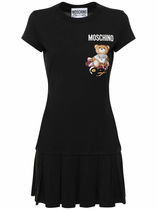 Photo: MOSCHINO - Pleated Cotton Mini Dress W/ Logo