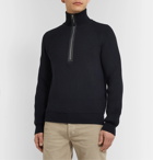 TOM FORD - Slim-Fit Leather-Trimmed Ribbed Merino Wool and Cashmere-Blend Half-Zip Sweater - Blue