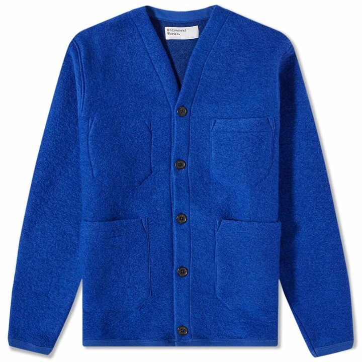Photo: Universal Works Men's Wool Fleece Cardigan in Blue