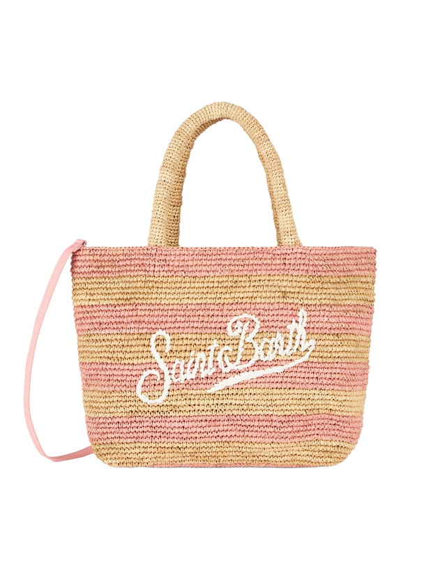 Photo: MC2 Saint Barth Pink Striped Raffia Beach Midi Bag With Cotton Pouch