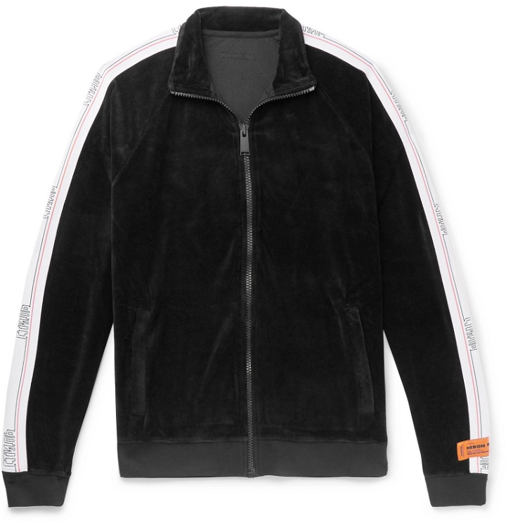 Photo: Heron Preston - Logo-Webbing Trimmed Cotton-Blend Velvet Zip-Up Track Jacket - Black