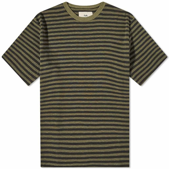 Photo: Folk Men's Classic Stripe T-Shirt in Olive/Soft Black