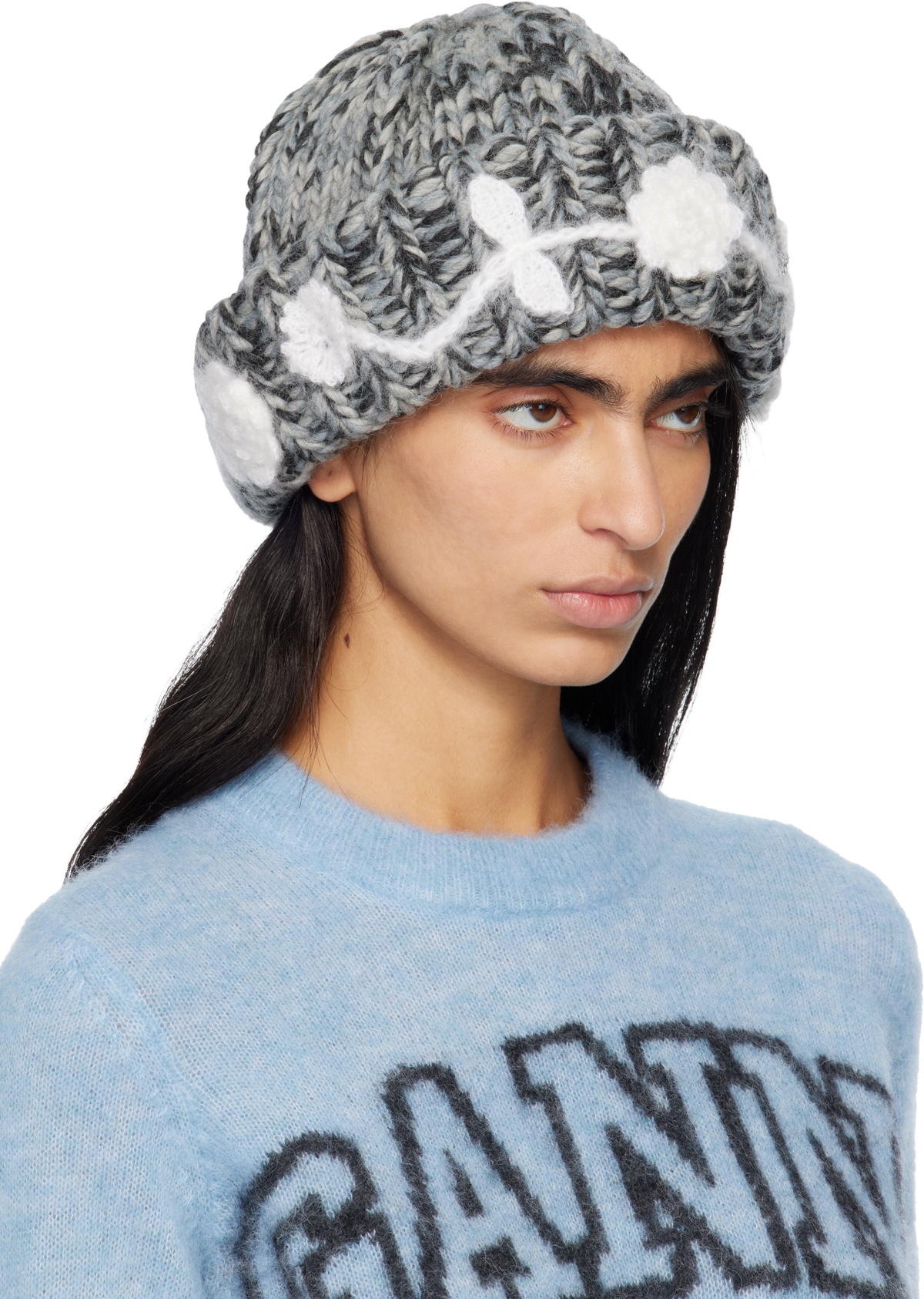 GANNI Gray Wool Handknit Beanie