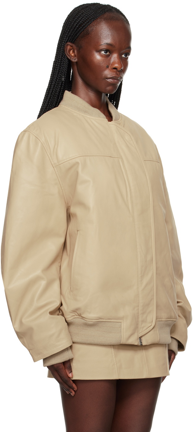 REMAIN Birger Christensen Beige Zip Leather Bomber Jacket