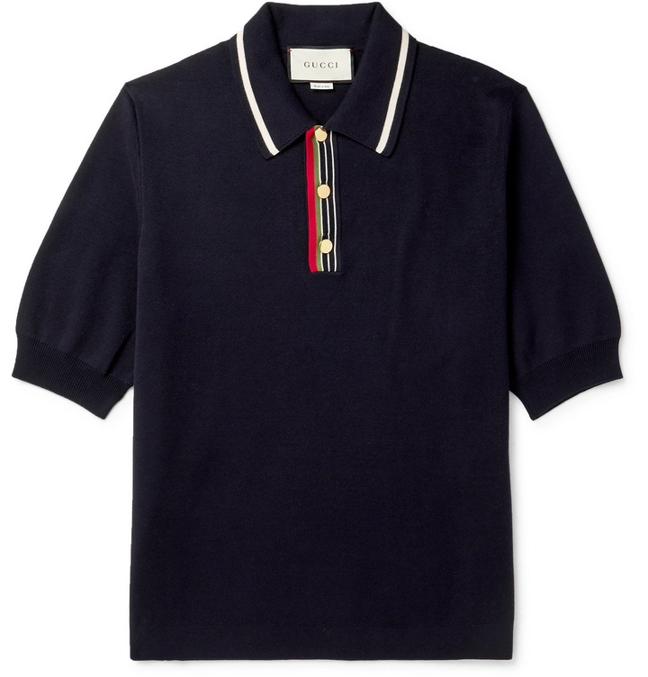 Photo: Gucci - Contrast-Tipped Webbing-Trimmed Cotton Polo Shirt - Blue