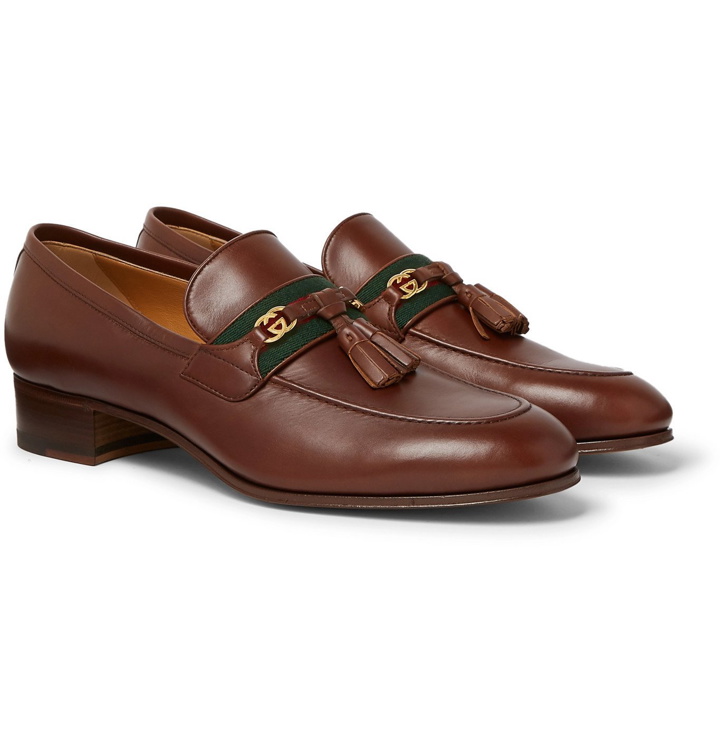 Photo: Gucci - Paride Webbing-Trimmed Tasselled Leather Loafers - Brown