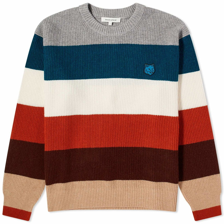 Photo: Maison Kitsuné Men's Tonal Fox Head Patch Block Stripe Crew Knit in Multicolour Stripes