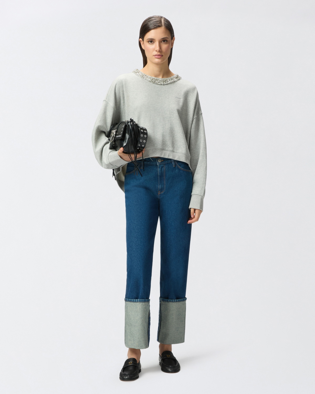 Pinko Sweatshirt With Jewel Embroidery On The Neck Drizzle Grey