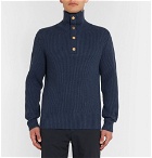 Dunhill - Leather-Trimmed Ribbed Merino Wool Sweater - Men - Blue