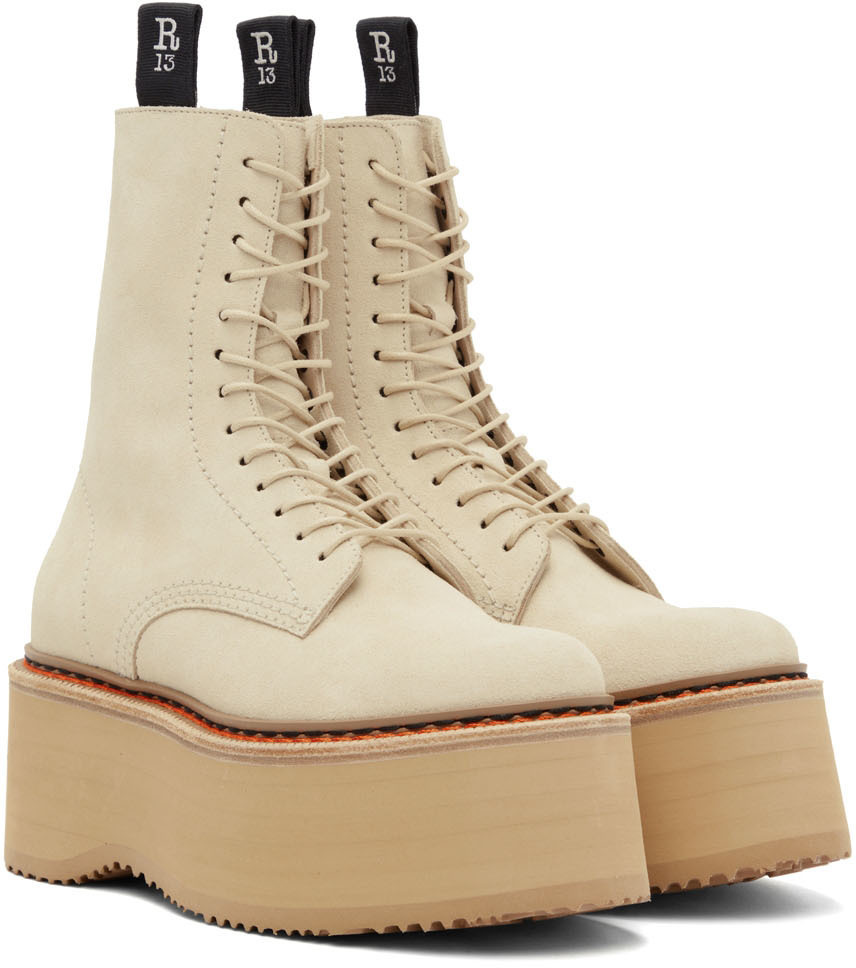 R13 Beige Suede Single Stack Lace Up Boots R13