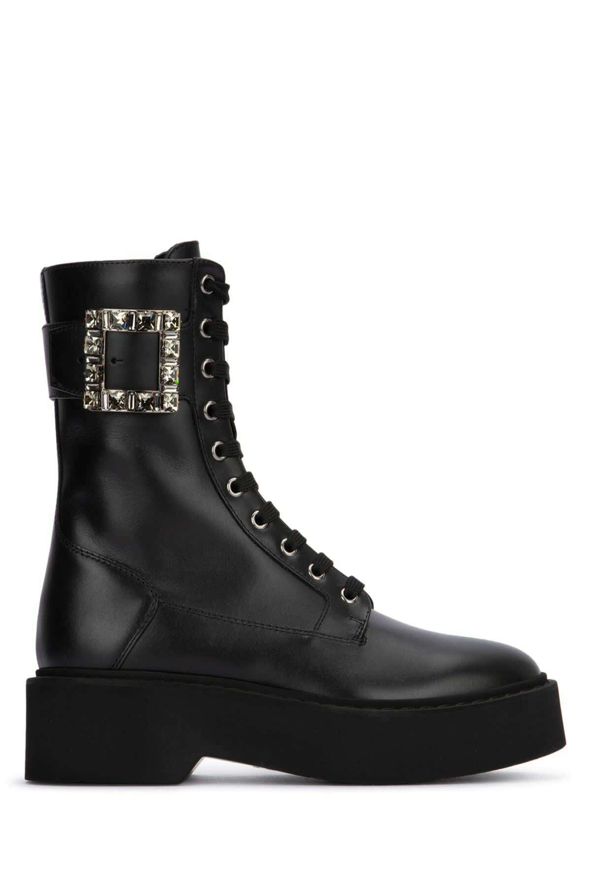 シューズ・サンダルその他 ROGER VIVIER Black leather lace-up boot ROGER VIVIER Viv Ranger crystal-embellished patent-leather