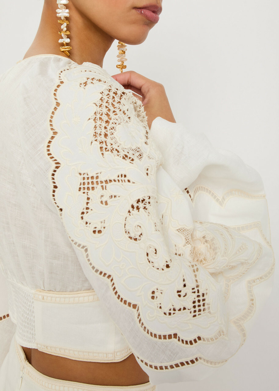 Zimmermann Daylight Guipure-lace Cropped Linen top Cream