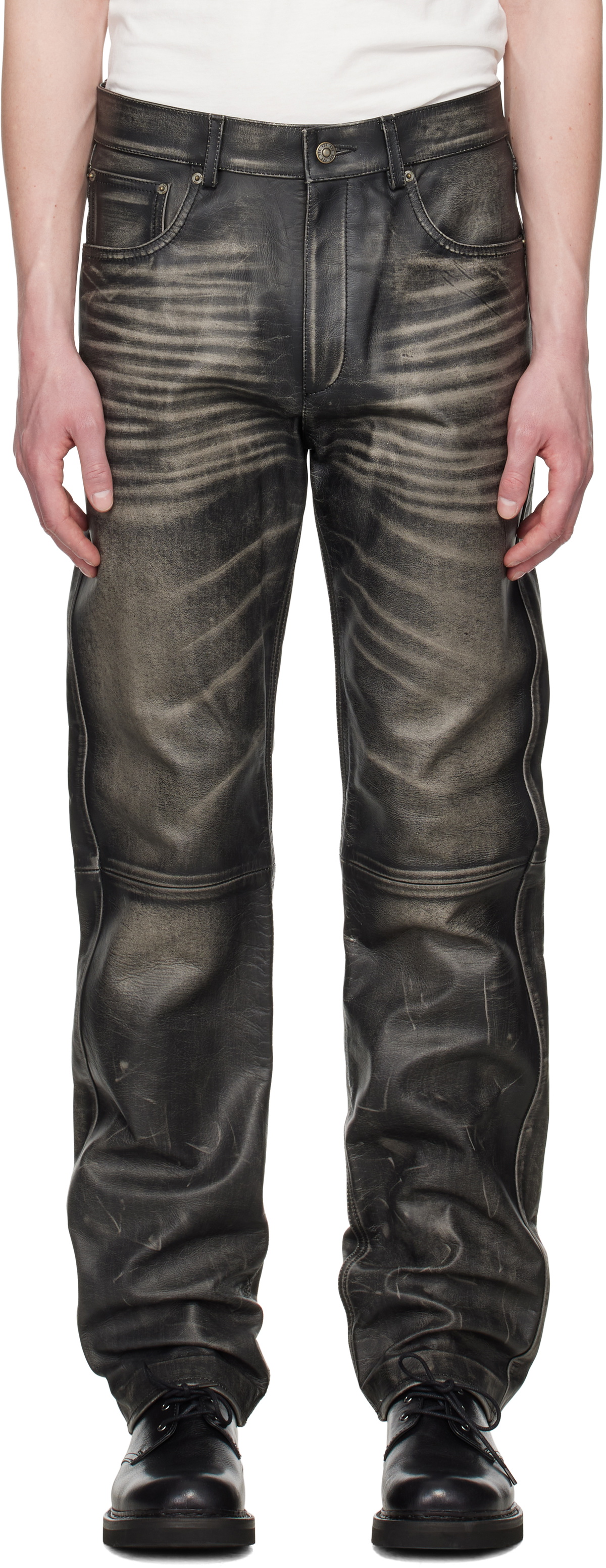 424 Black Five Pocket Leather Pants