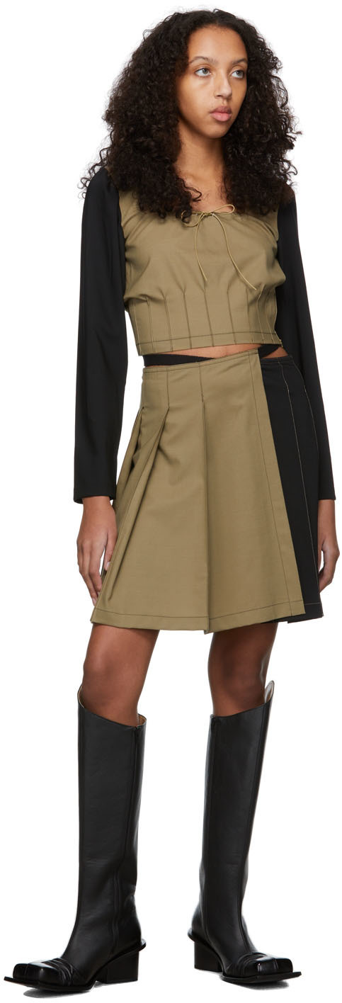 Helenamanzano Khaki & Black Pleated Wrap Short Skirt Helenamanzano