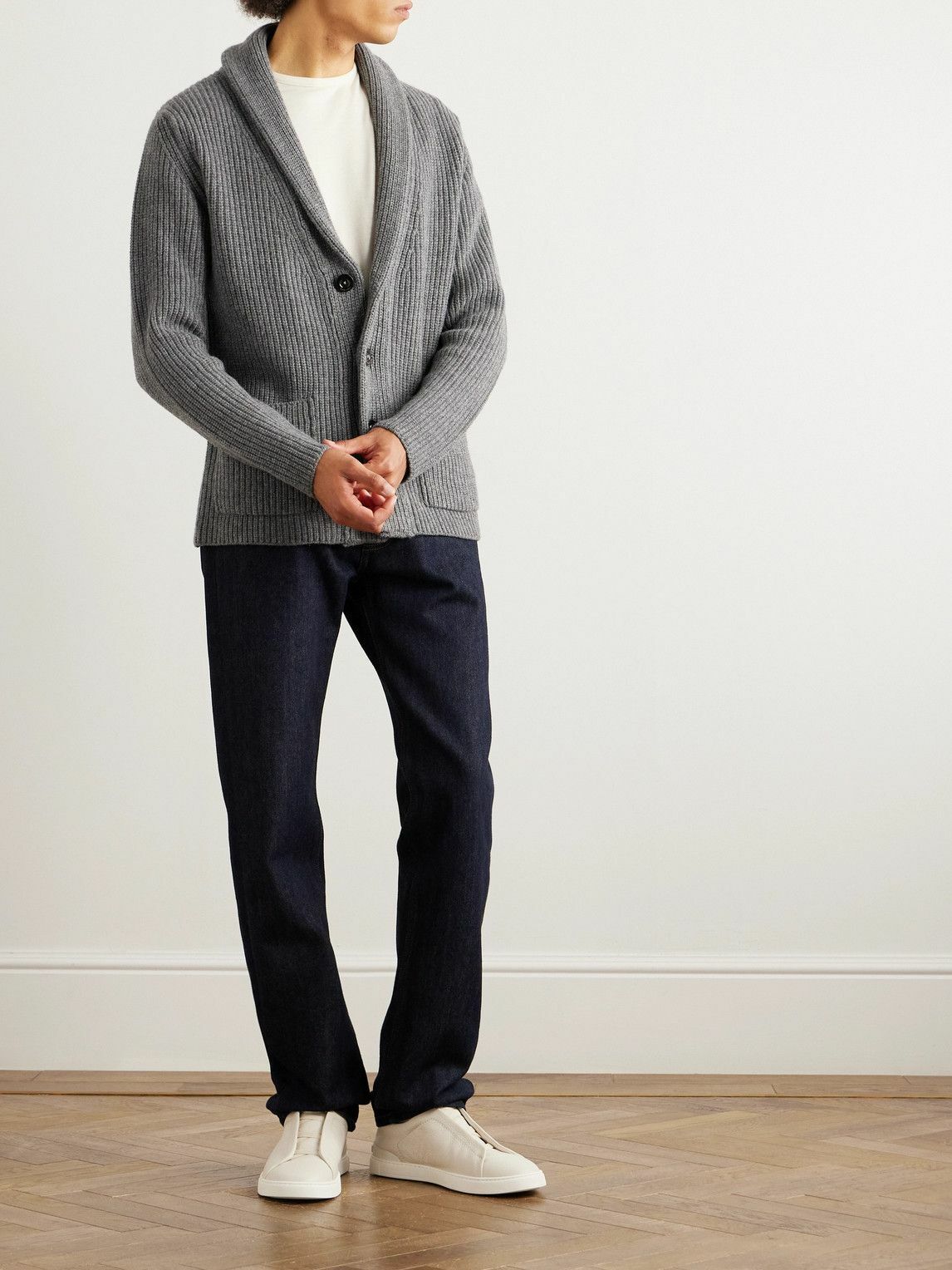 Boglioli - Shawl-Collar Ribbed Wool and Cashmere-Blend Cardigan - Gray