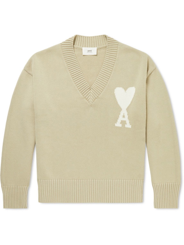 Photo: AMI PARIS - Logo-Intarsia Organic Cotton and Wool-Blend Sweater - Neutrals