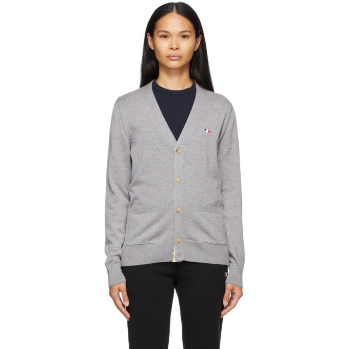 Maison Kitsune Grey Tricolor Fox Patch Classic Cardigan Maison Kitsune