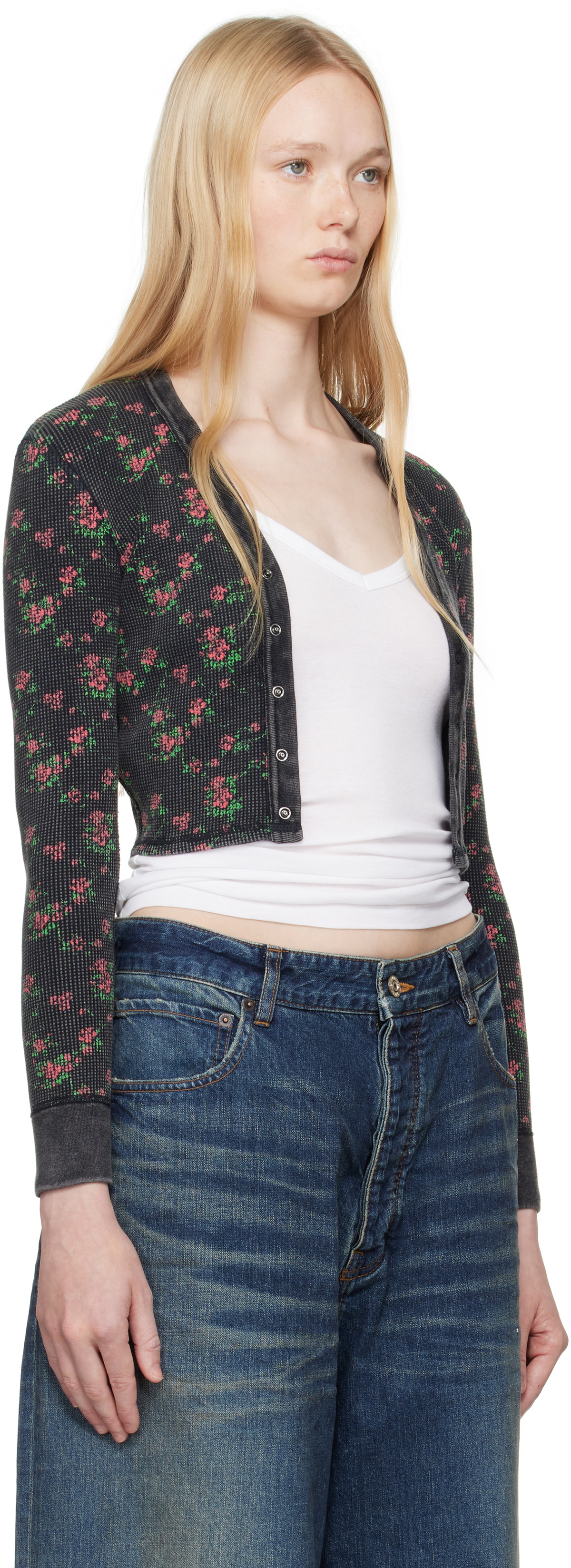 Alexander Wang Black Floral-Print Waffle Knit Cardigan