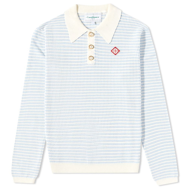 Photo: Casablanca Men's Grandpa Long Sleeve Knit Polo Shirt in White/Light Blue