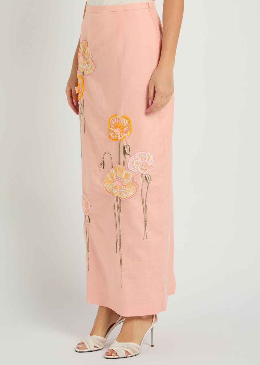 Bernadette Norma Floral-embroidered Cotton and Linen-blend Midi Skirt Pink