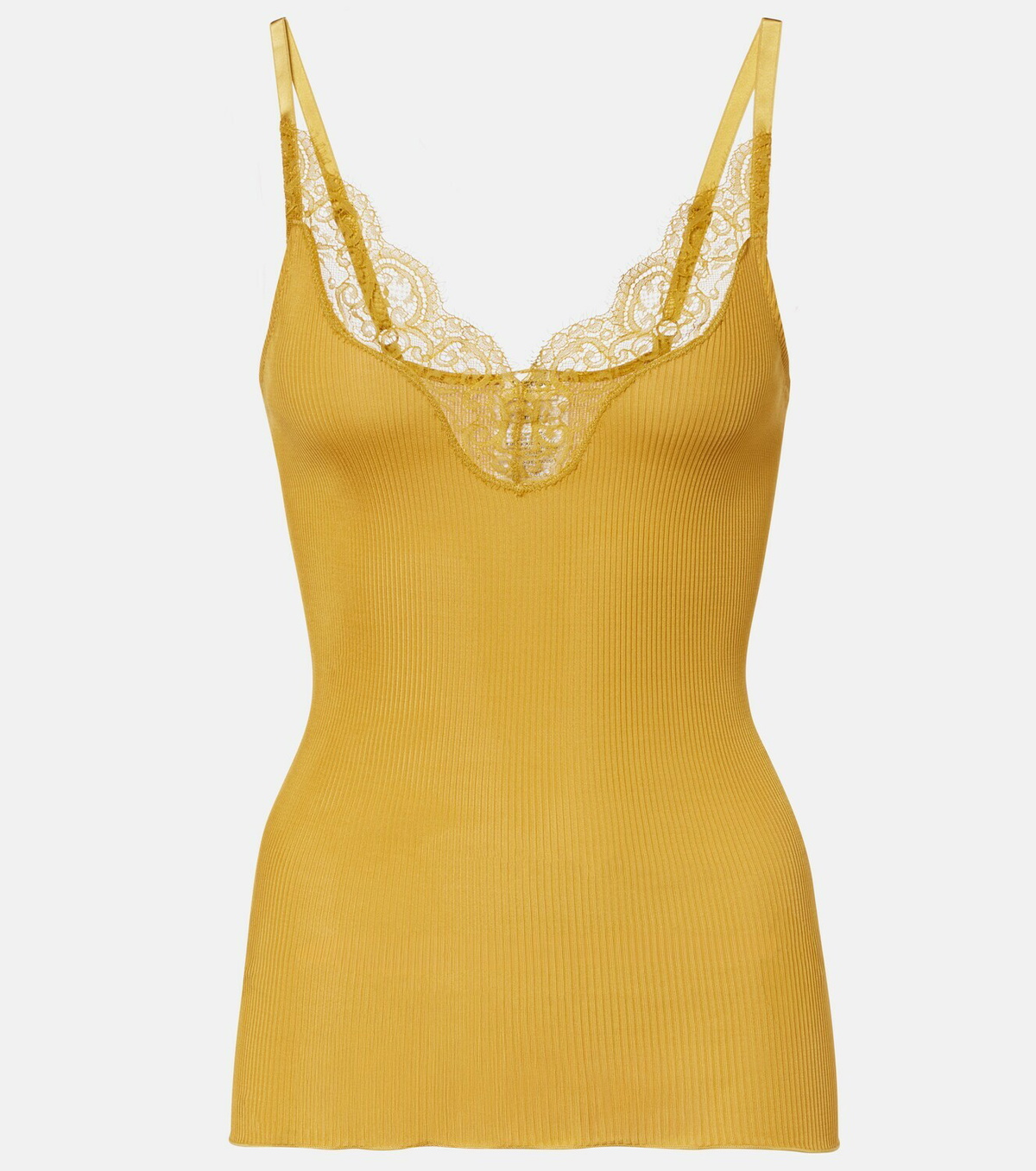 Saint Laurent Lace-trimmed ribbed-knit silk tank top