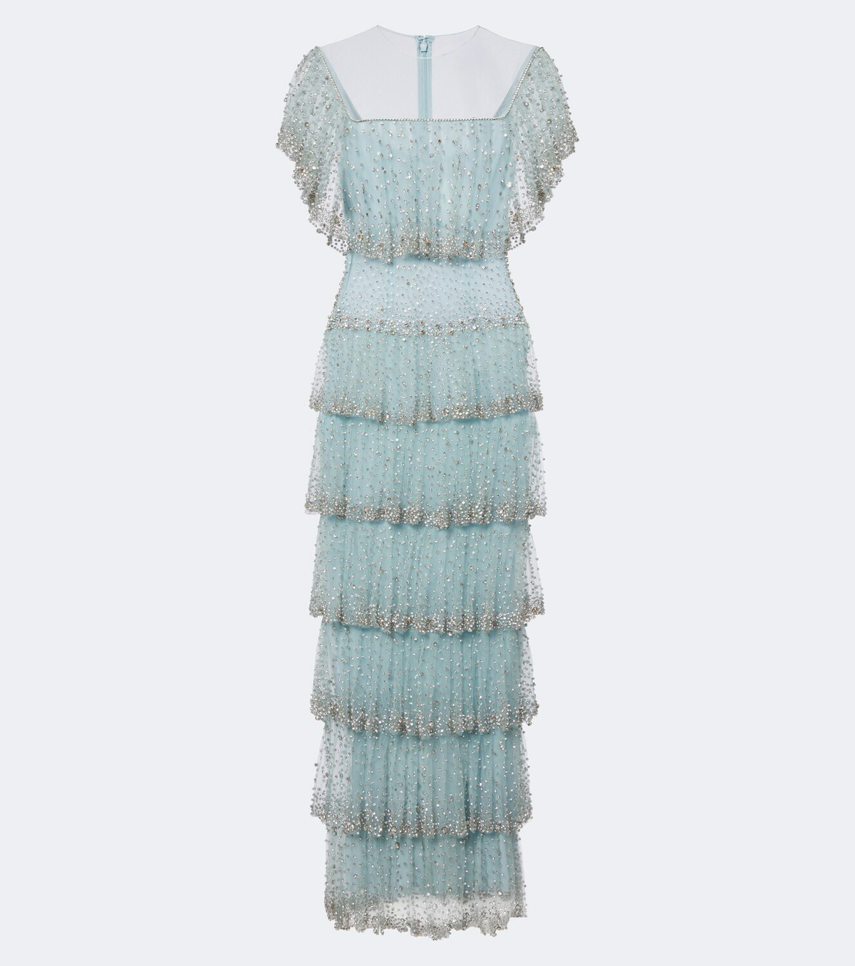 Costarellos Crystal-embellished tiered mesh gown