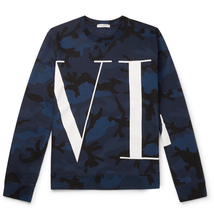 Photo: Valentino - Logo and Camouflage-Print Loopback Cotton-Blend Jersey Sweatshirt - Blue