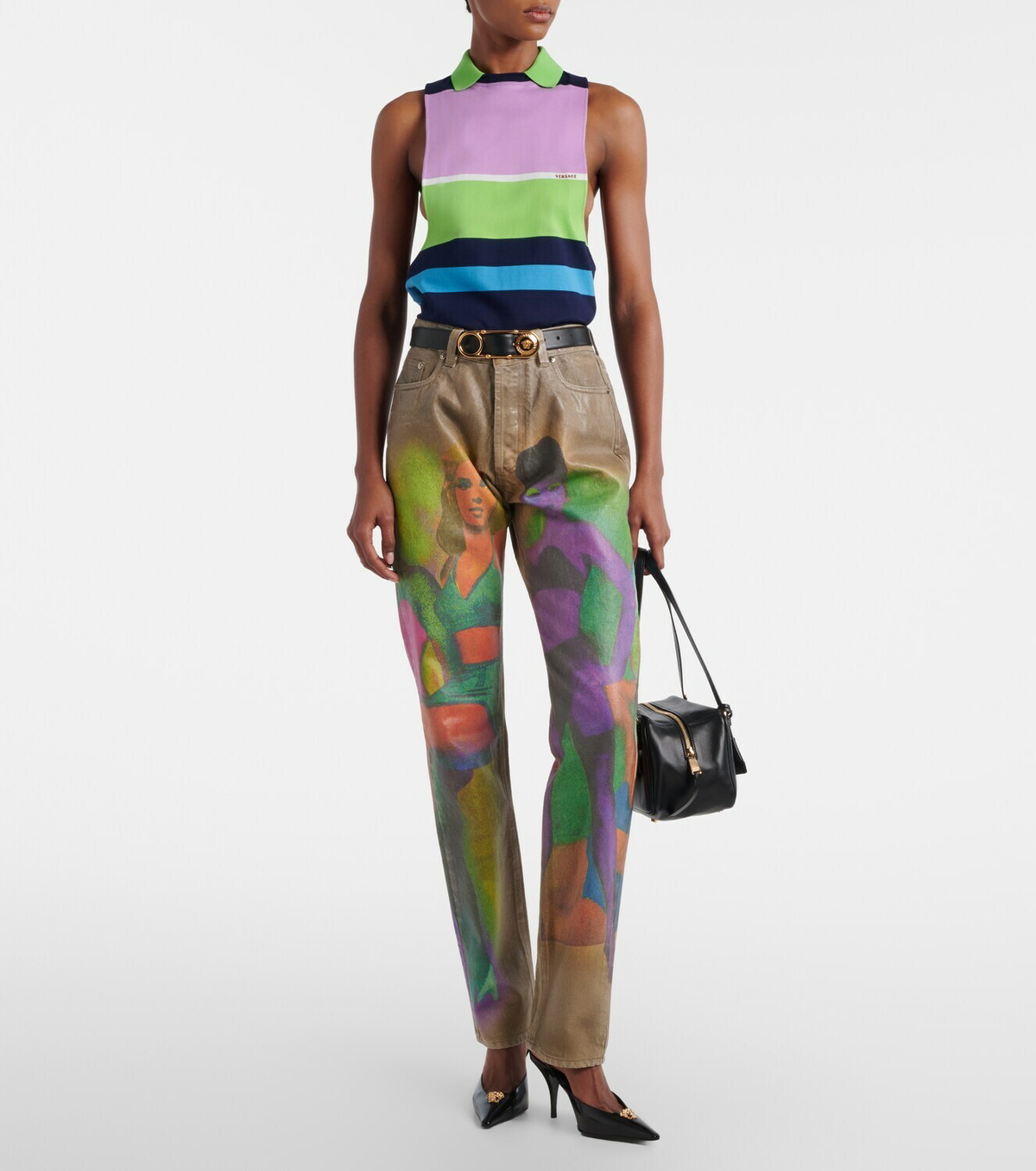 Versace Striped cotton jersey tank top