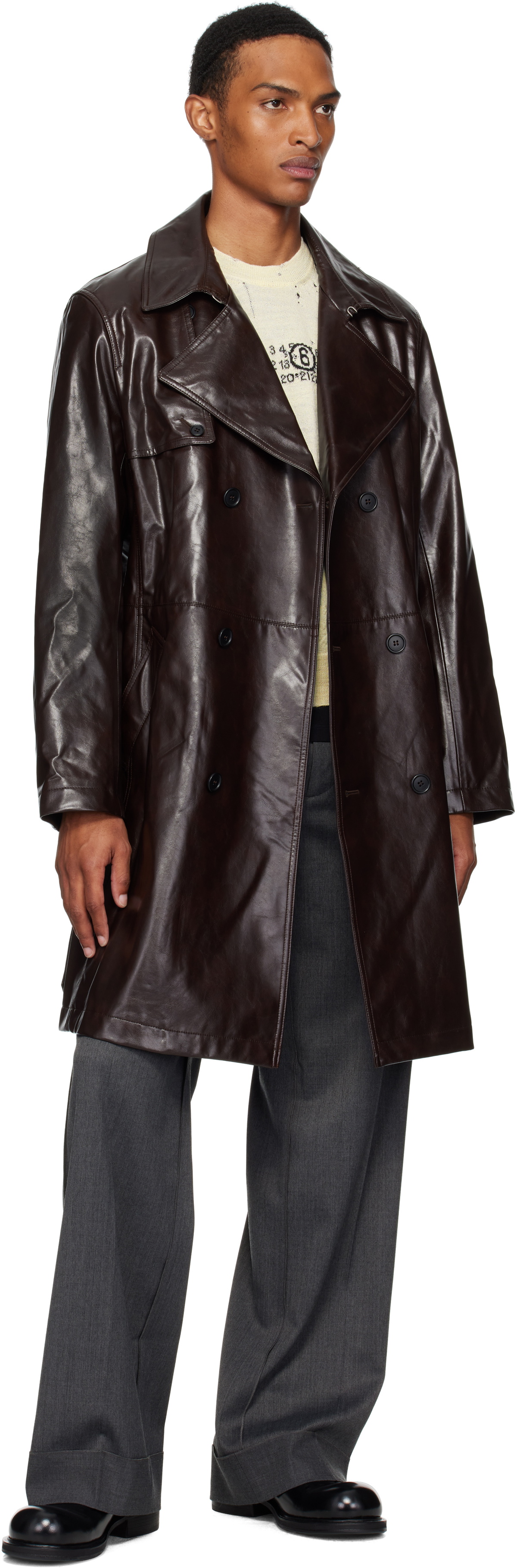 MM6 Maison Margiela Burgundy Double-Breasted Faux-Leather Jacket