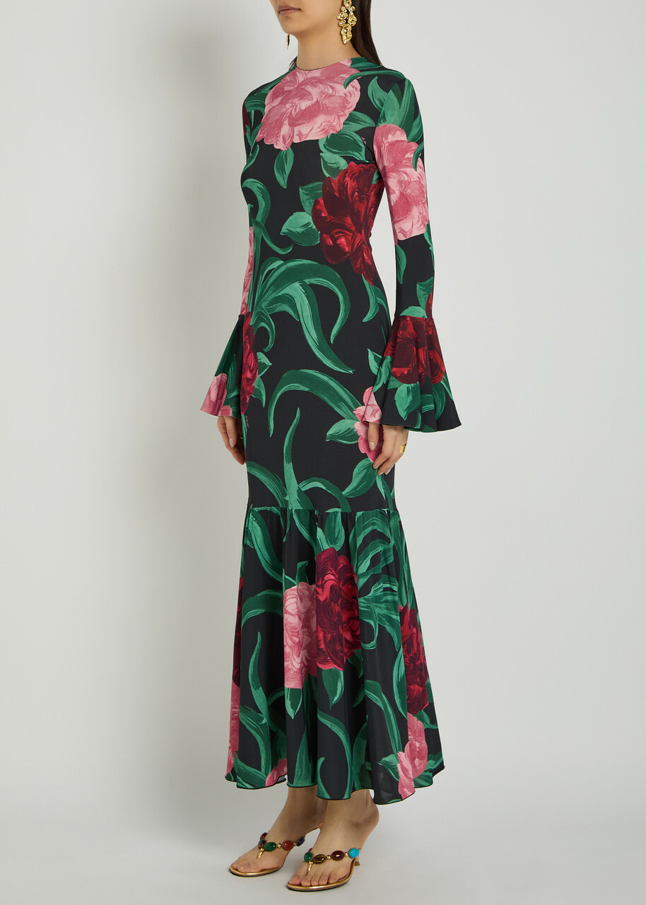 LA Double J Alba Floral-print Stretch-jersey Maxi Dress Black