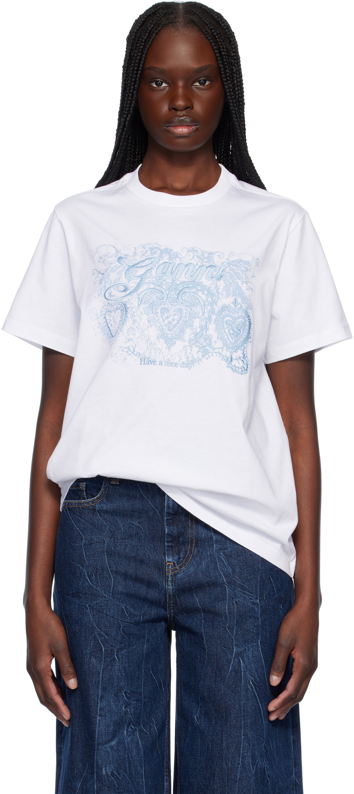 【Ganni】25SS Basic Jersey Tattoo Lace Relaxed T-shirt GANNI Basic Jersey Tattoo Lace Relaxed T-Shirt in Bright
